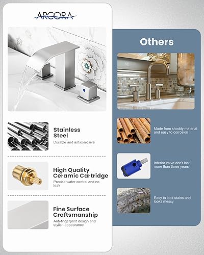 Miniatura 10 de Grifo de baño de cascada negro mate, grifos de baño generalizados de 8 pulgadas para fregaderos, 3 agujeros, moderno grifo de lavabo de baño de 2