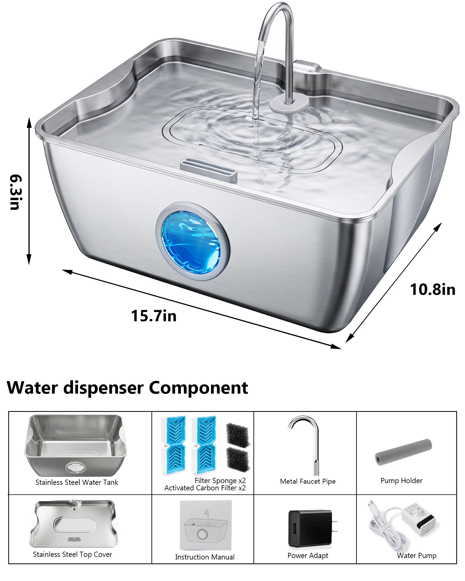 CEESC Fuente de agua para perros de acero inoxidable de 12L/3.2 galones con asas fáciles de transportar, dispensador automático de agua para mascotas con ventana visible y luz LED para perros grandes