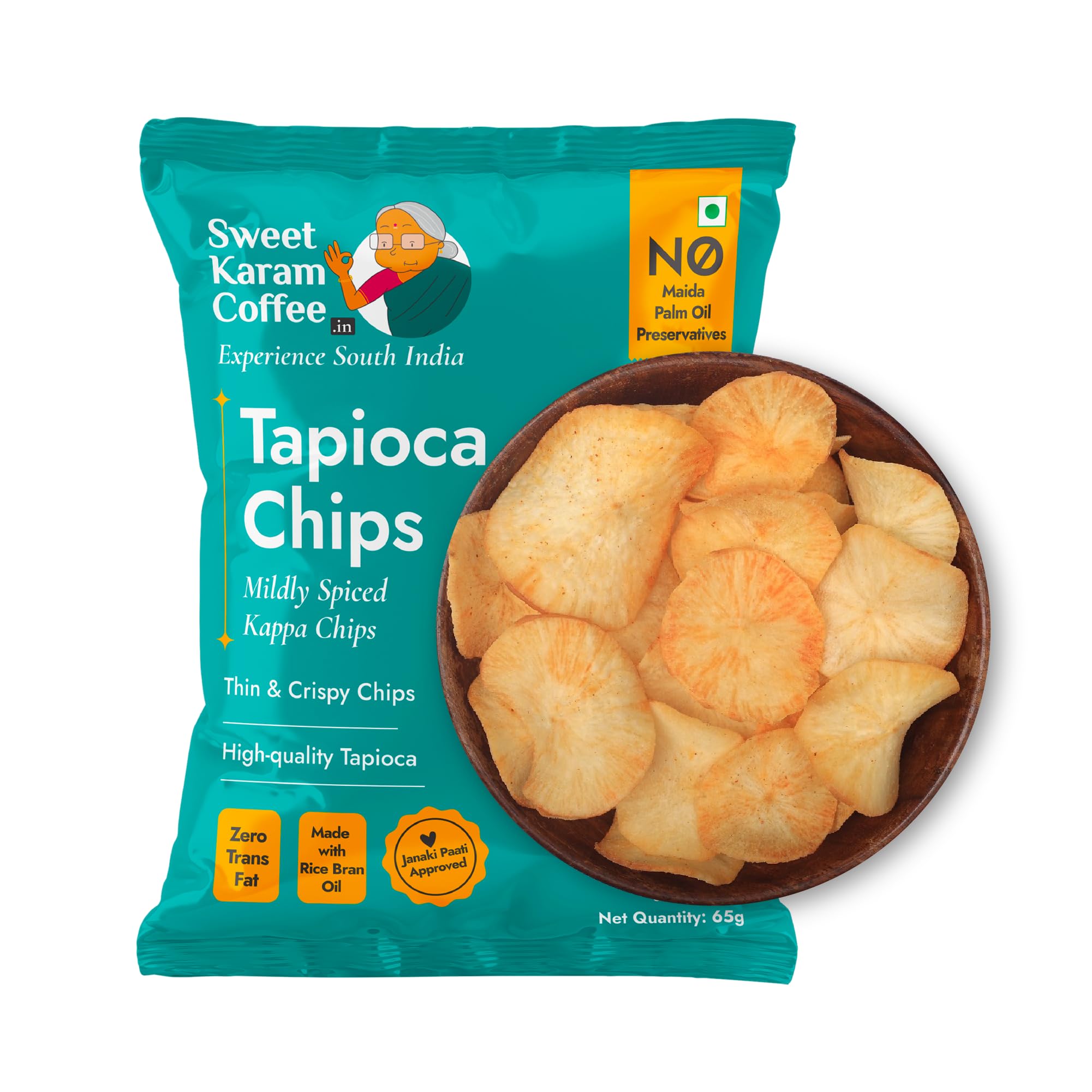 Sweet Karam Coffee’s Authentic Kerala Homestyle Tapioca Chips | No Palm Oil & Preservatives | Thin Sliced & Crispy Kappa Chips | Read-to-eat 65g
