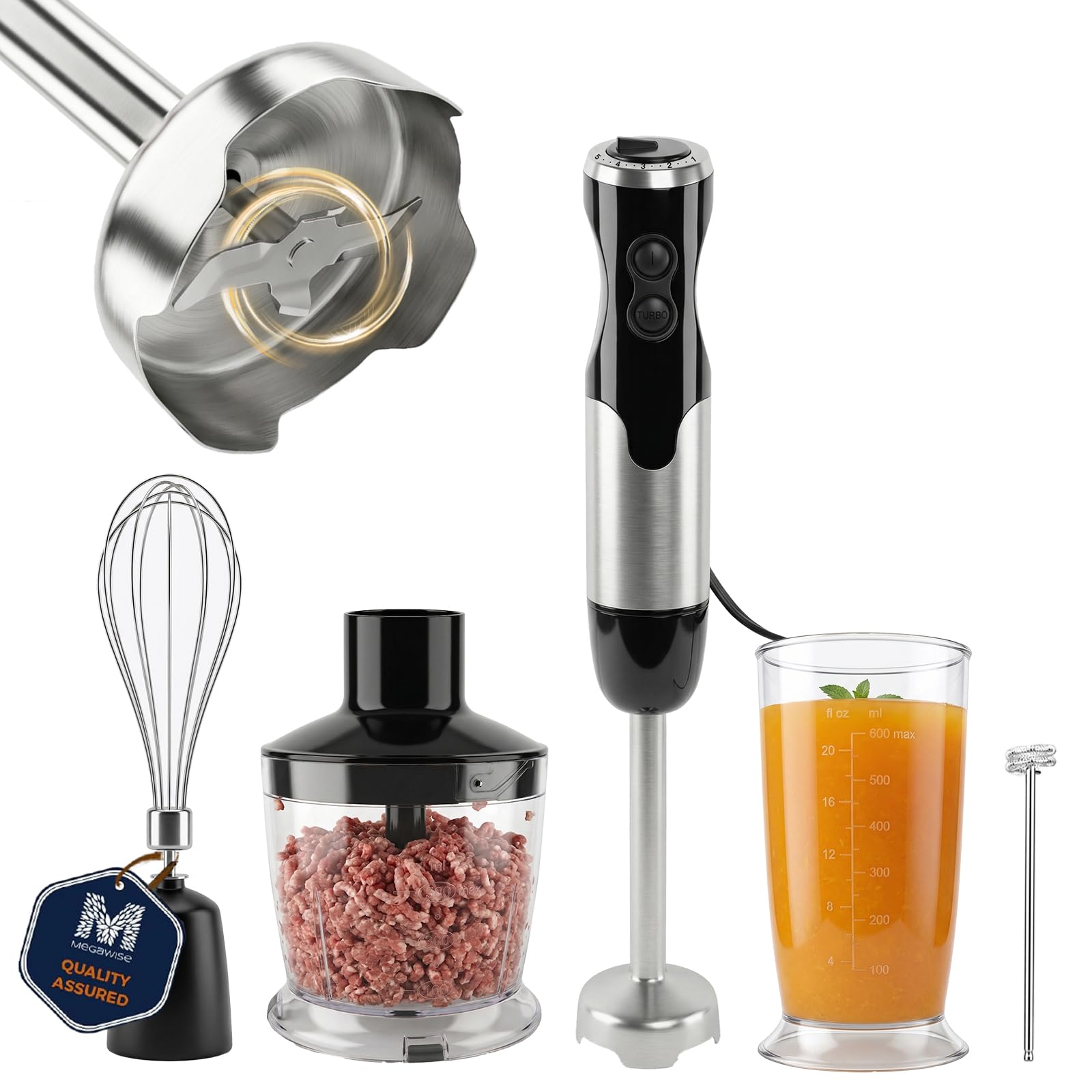 MEGAWISE 5-in-1 Immersion Hand Blender, Stick Blender with Chopper & Whisk