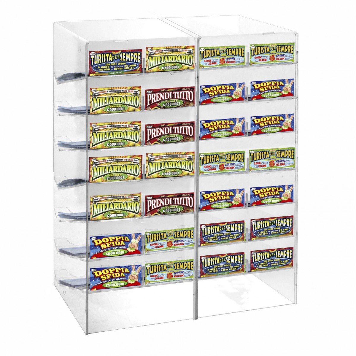 Espositore gratta e vinci da banco in plexiglass trasparente a 28 scomparti Misure: 44 x 29 x H49 cm