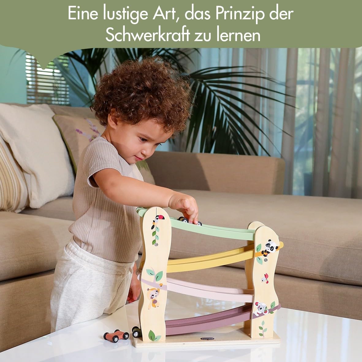 Tiny Love Spielzeug Holz-Rennwagen Rampe, Autorennbahn Holz mit 4 leichtgängigen Holzrennautos, feinmotorische Fähigkeiten, kognitive Entwicklung, natürliches Design, 18+ Monate, Boho Chic