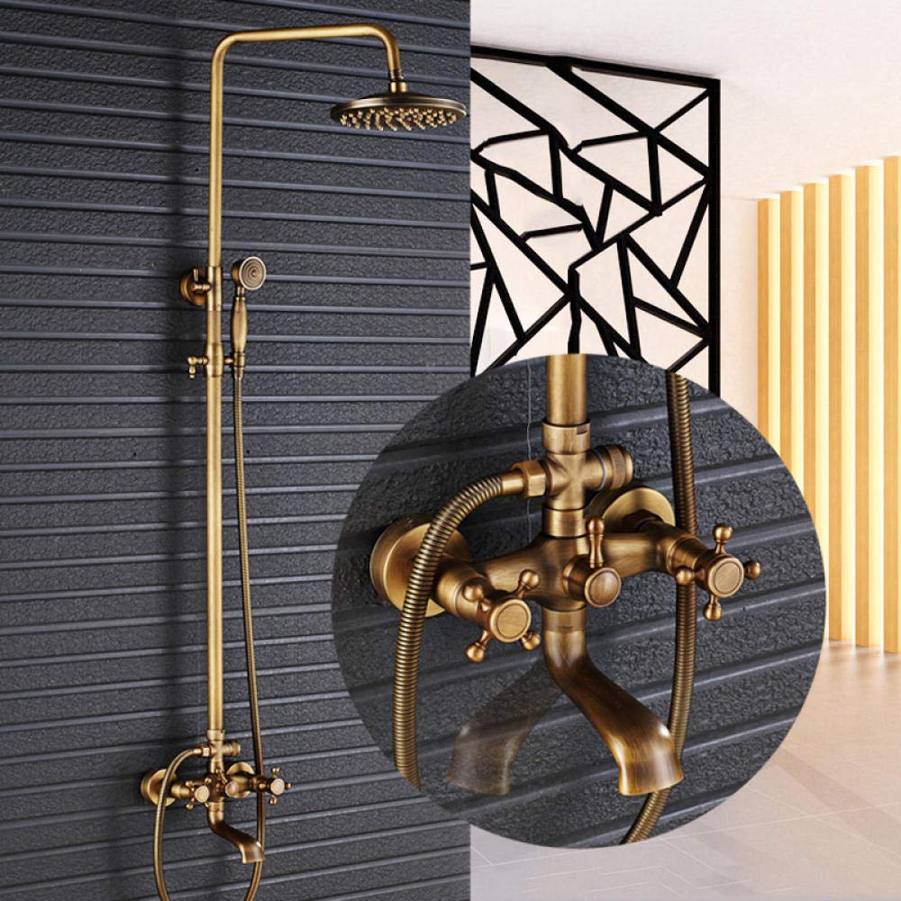 SBCGFY Wall Mounted Antique Brass 8 Inch Round Rainfall Shower Head + Wide Tub Spout + Brass Hand Sprayer Mixer Tap