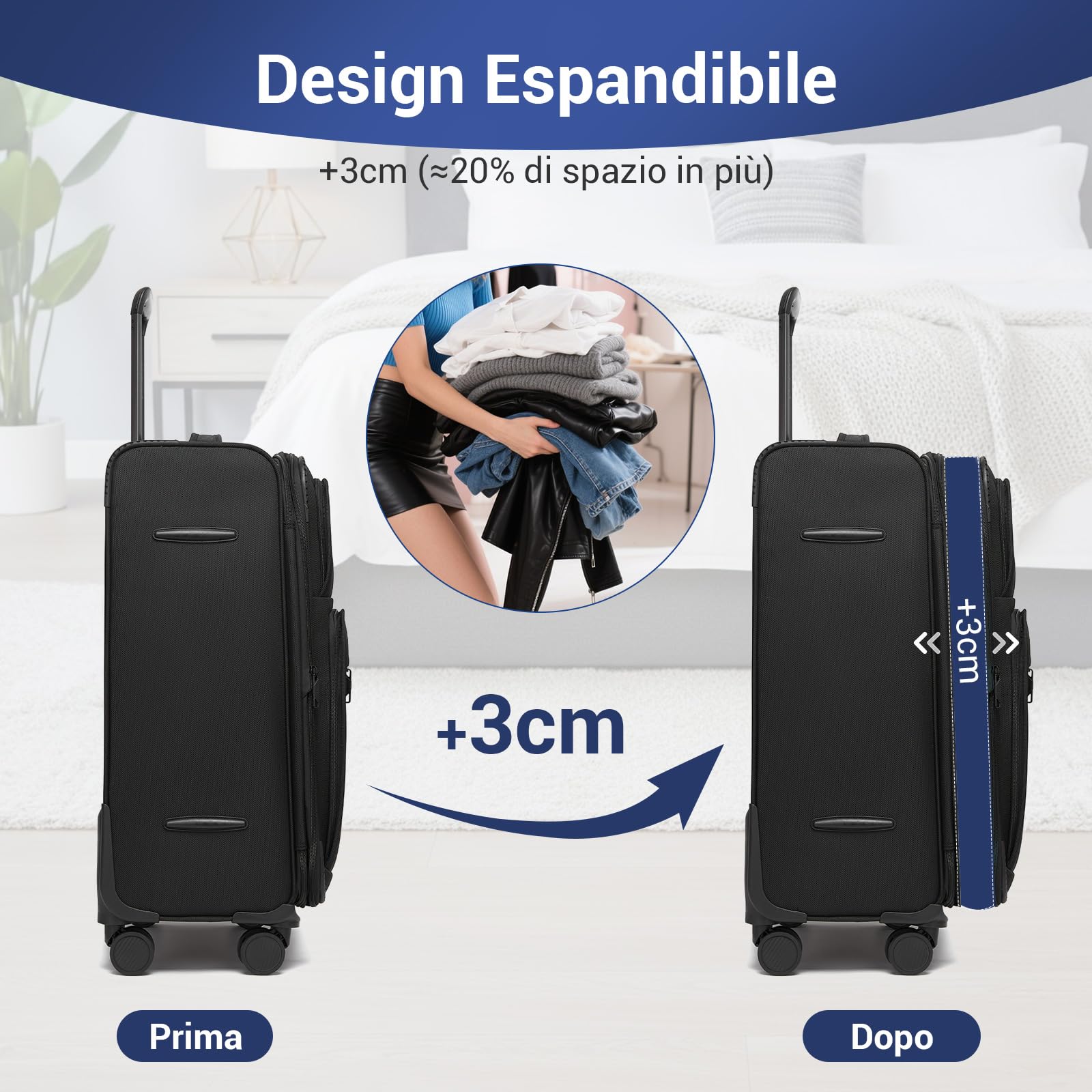 British Traveller Valigia Grande Rigida 79.5cm con Capacità Estendibile e 4 Ruote Rotanti TSA, Nero