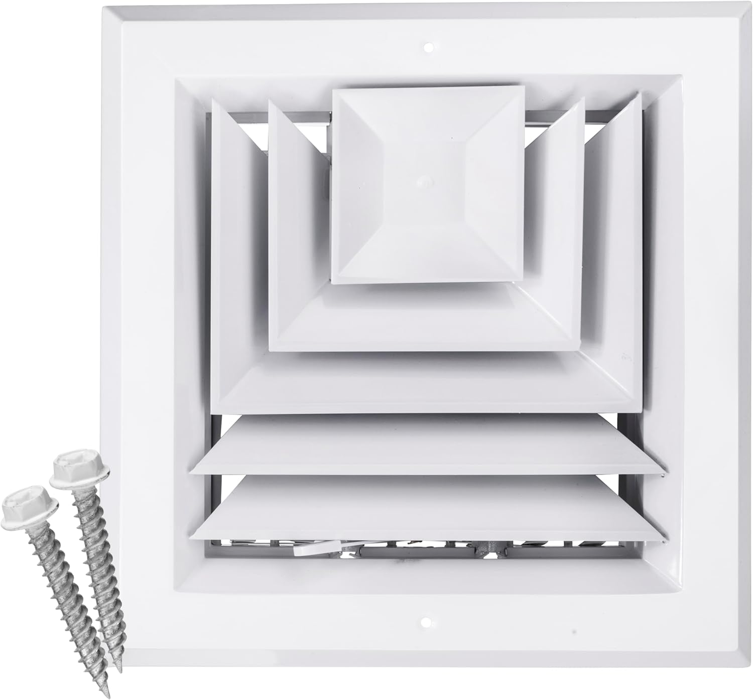 HVAC Premium 8" x 8" [Duct Opening] 3-Way Extruded Aluminum Ceiling Supply Diffuser Duct Cover with Lever-Operated Damper for Air Flow Control [Outer Dimensions: 11" x 11"]