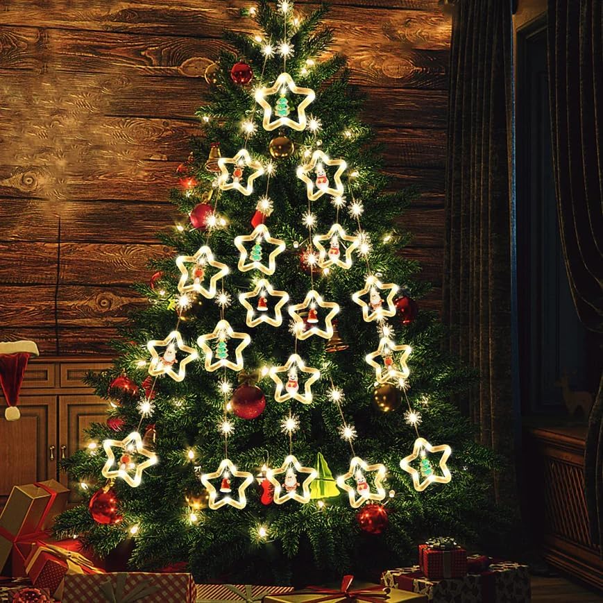 Image of Desidiya 10 Star Shape Christmas Window Curtain String Hanging Lights for Christmas Decoration for Christmas Home Bedroom Decor (Warm - White)