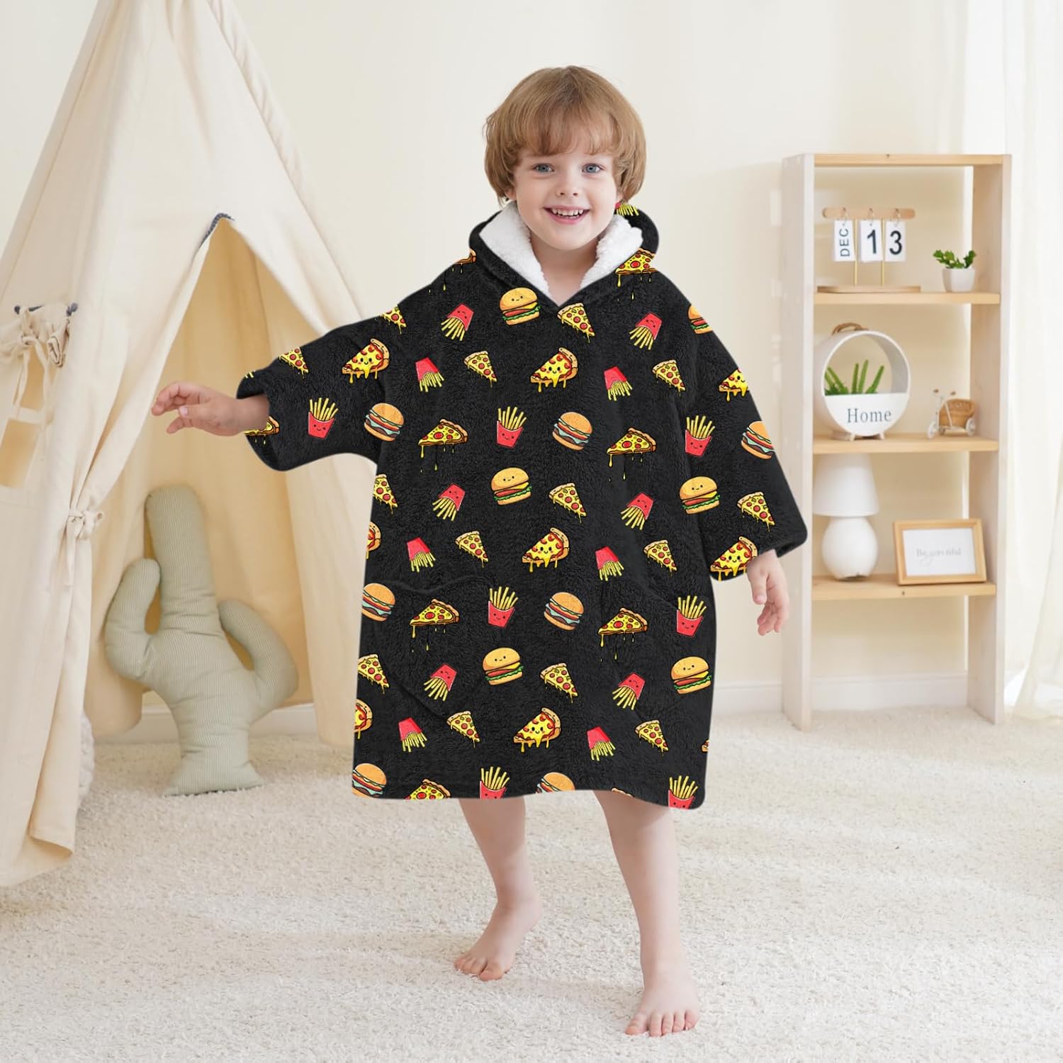Wearable Blanket Hoodie for Kids Oversized Sherpa Blanket Hoodie for Kids Boys Girls Toddler 2-6YR,Hamburger Pizza - Image 4