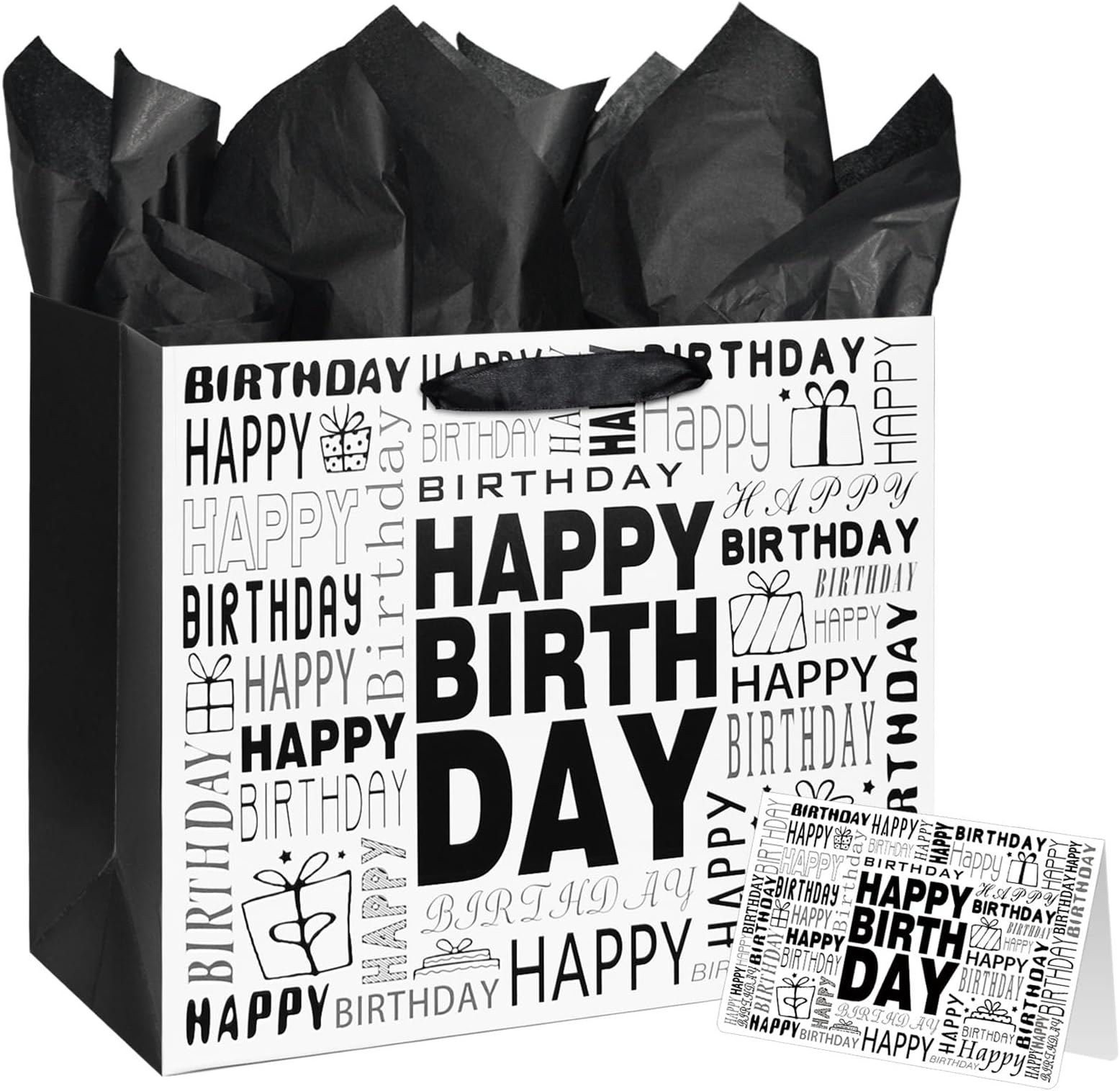 Laidans 13" Large Black and White Happy Birthday Gift Bag with Tissue Paper and Card for Men Women Birthday (Large)