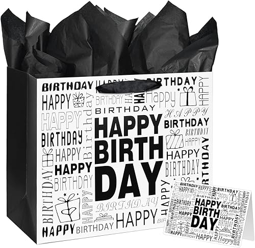 Bolsa grande de regalo de cumpleaños en blanco y negro de 13 pulgadas con papel de seda y tarjeta para hombres y mujeres cumpleaños