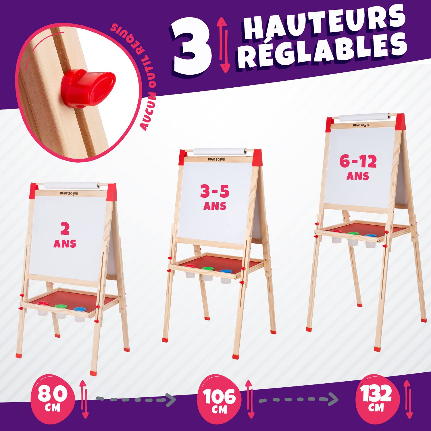 Chevalet Peinture pour Enfants 3 en 1 - Set Accessoires, Tableau Enfant Double Face avec Noir Magnétique, Chevalet Pour Enfant, Tableau Blanc Magnetique Enfant Sur Pied en Bois 3-4 4-8 9-12 ans