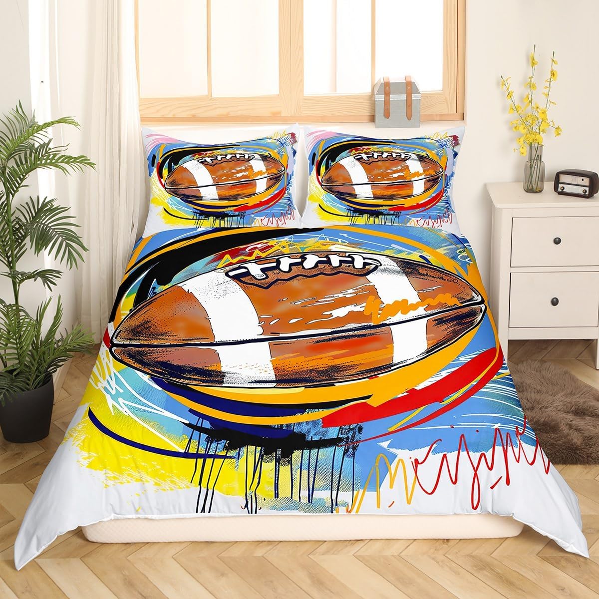 Castle Fairy American Football Duvet Cover Full Size,Watercolor Graffiti Bedding Set for Kids Boys Teens Room Decor,Ball Sports Gaming Comforter Cover Cartoon Fashion Quilt Cover 3pcs,2 Pillowcases