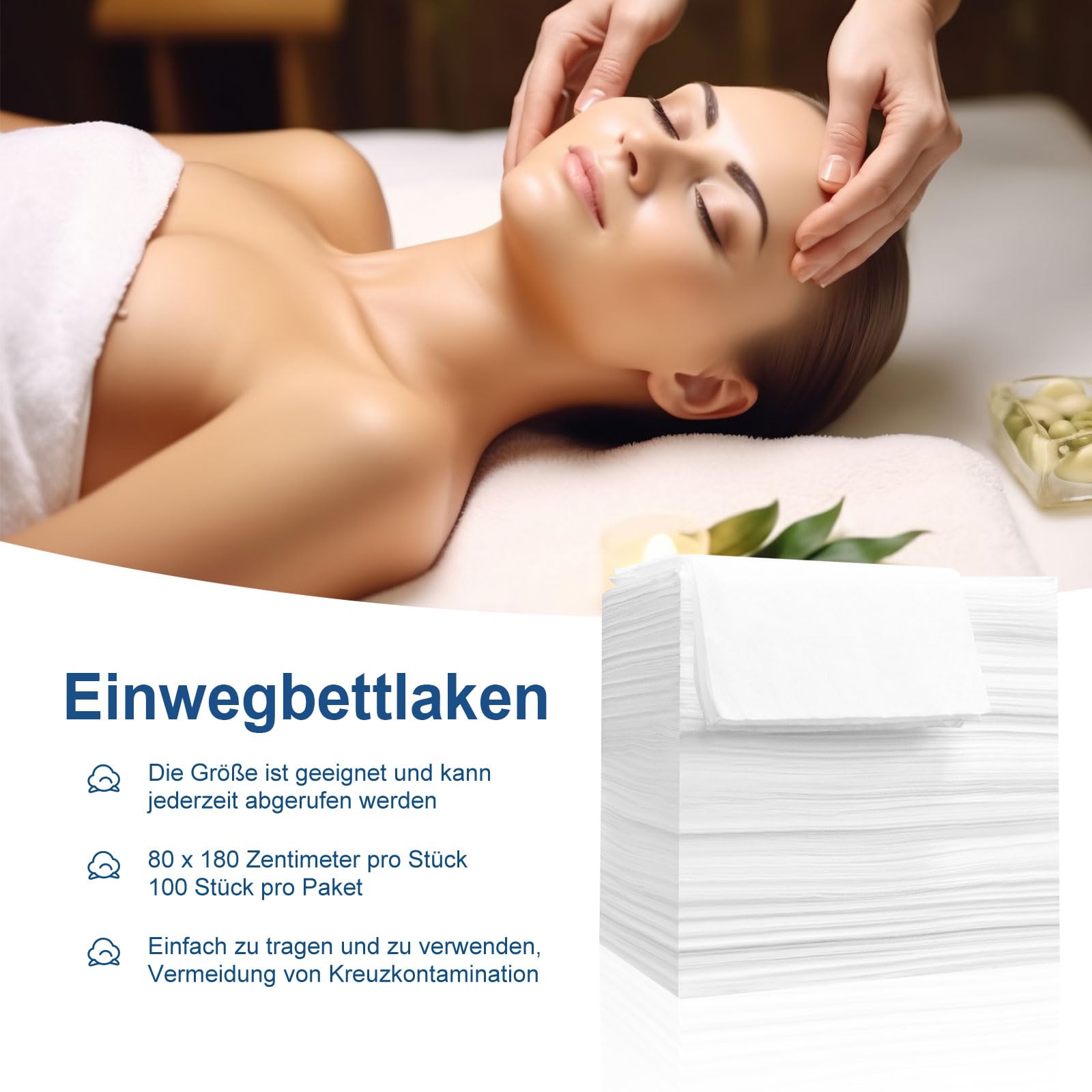 100PCS Einweg Bettlaken, Einweg Massagetisch Bettlaken, Einweg Auflage für Massageliegen Spa Tattoo Salon Vliesstoff 80 x 180cm (Weiß)