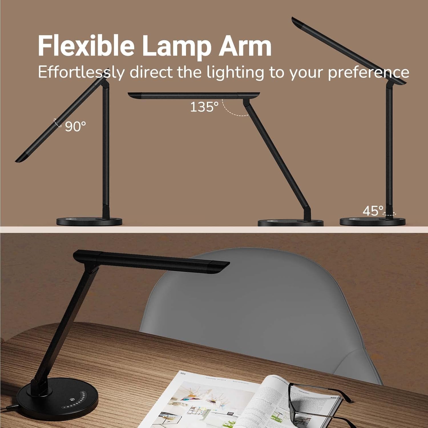 soysout LED Desk Lamp, Eye-Caring Table Lamp with USB Charging Port, 5 Lighting Modes with 7 Brightness Levels, Touch Control, 12W (Black) - - 