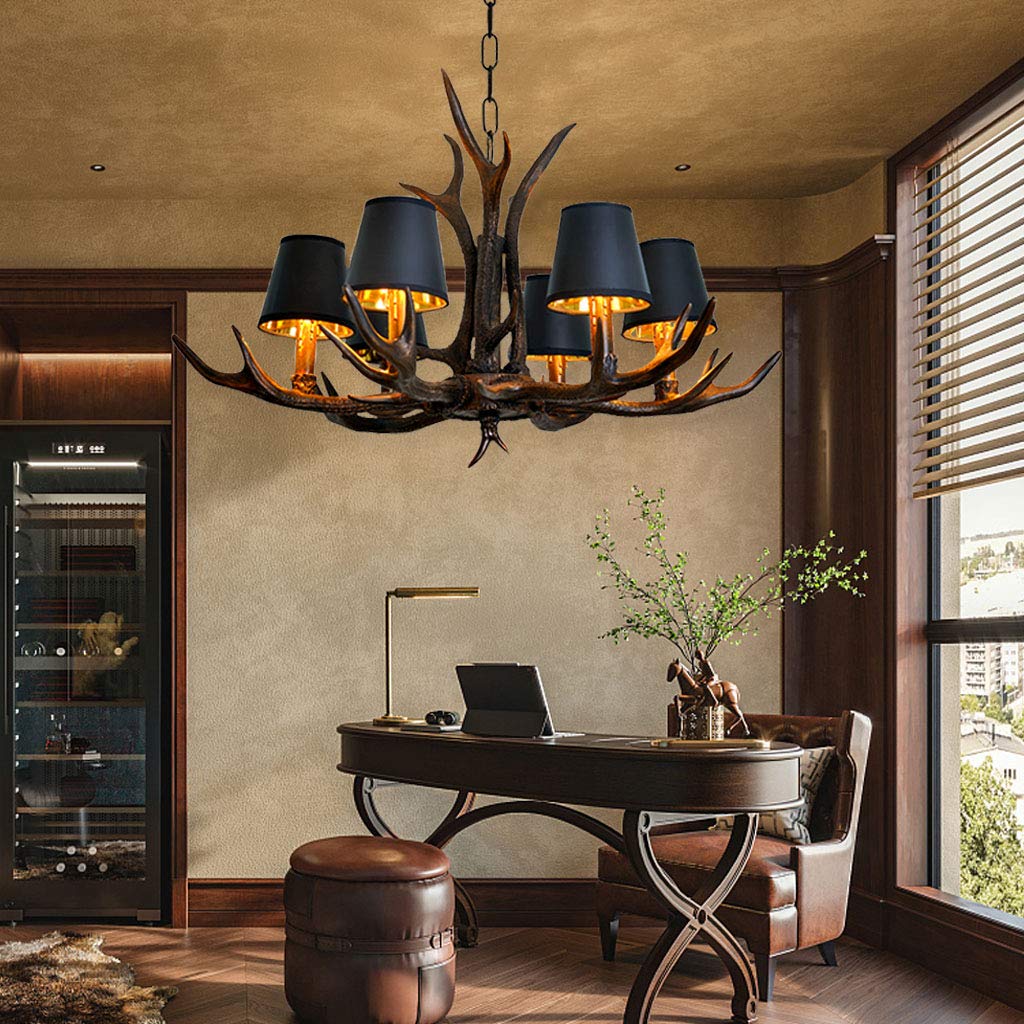 Vintage Pendelleuchte Esstischlamp American Ländliche Kronleuchter E14 Resin Geweihe Hängeleuchte Schwarzer Lampenschirm Hängelampe Retro Leuchte Bar Wohnzimmer Cafe Esszimmer Deckenlampe ,6 heads