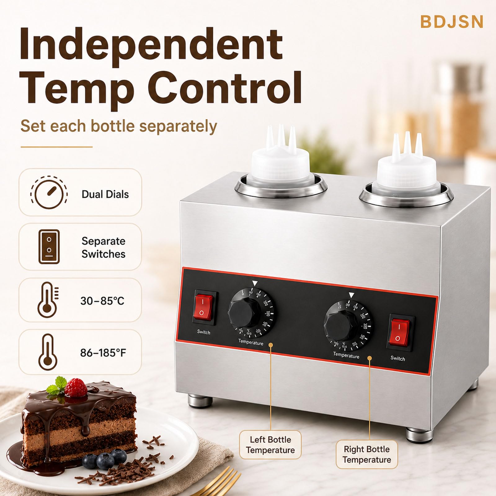 2-Flaschen Saucenwärmer, Gewerbliche Heizmaschine Mit Separater Temperaturregelung, 86-185°f Einstellbar, Edelstahl Spender Für Schokolade, Käsesauce, Karamell