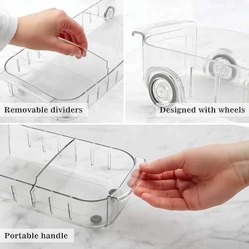 Miniatura 4 de MineSign Paquete de 2 cubos de almacenamiento con ruedas para refrigerador, con asas, bandeja rodante dividida para aperitivos, despensa, despensa,