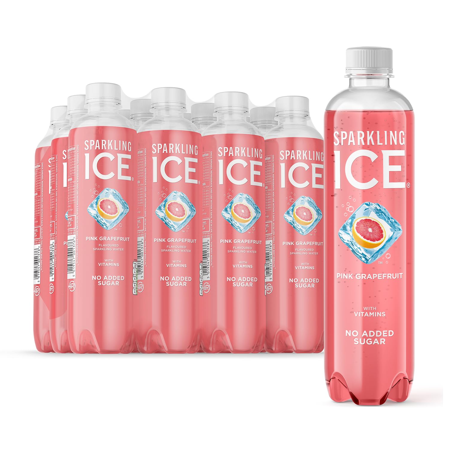 Sparkling Ice, Pink Grapefruit Flavored Sparkling Water - Contains Vitamins- Only 12 calories- No Added Sugar - No Carbs (12 x 500ml Bottles)