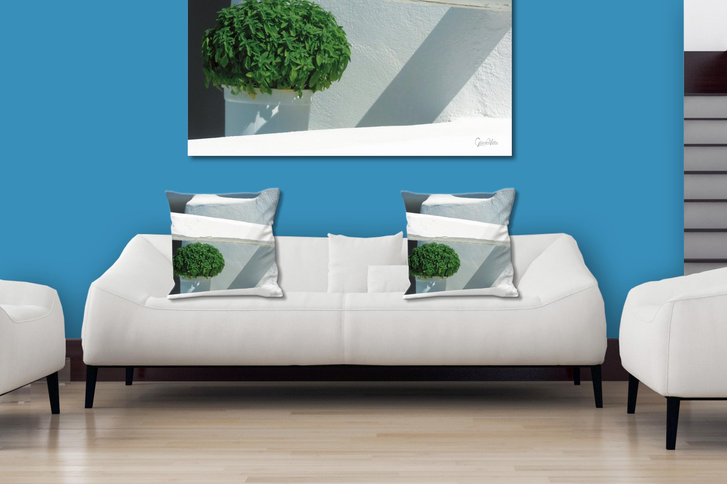 Bäumchen - Foto-Kissen-Hülle Set (2 STK.) 40 x 40 cm | Kissen-Bezüge - passend zu Wandbild - Deko-Kissen- Griechenland Ägäis Haus Pflanze