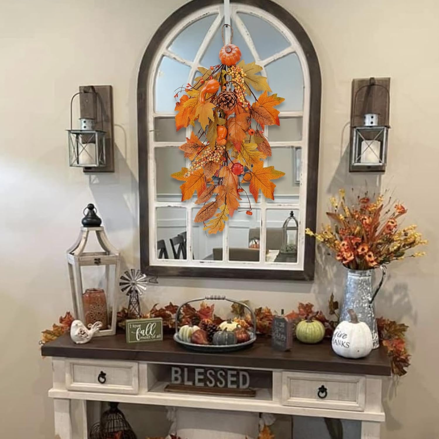 25.6 In Fall Swags for Front Door Fall Teardrop Swag Autumn Swag Wreath