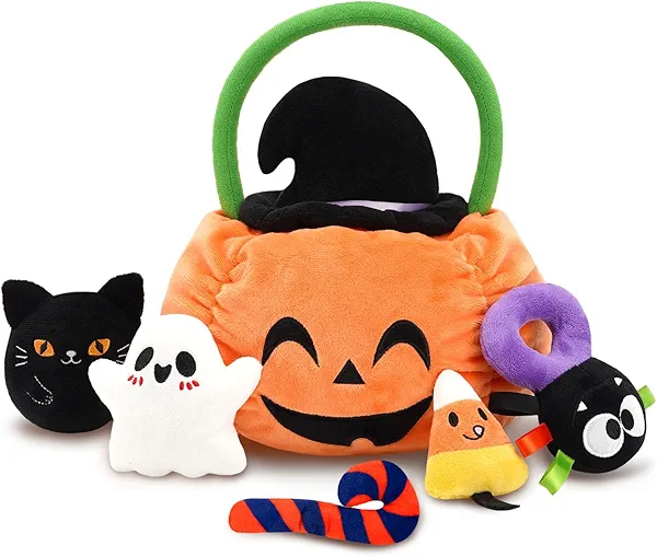 My First Halloween Baby Toys, Cute Pumpkin Stuffed Animal with Ghost Spider Black Cat Candy Corn Plush Toys for Baby Boys Girls, Halloween Plush Gifts Basket Party Favors for Kids Babies Toddlers