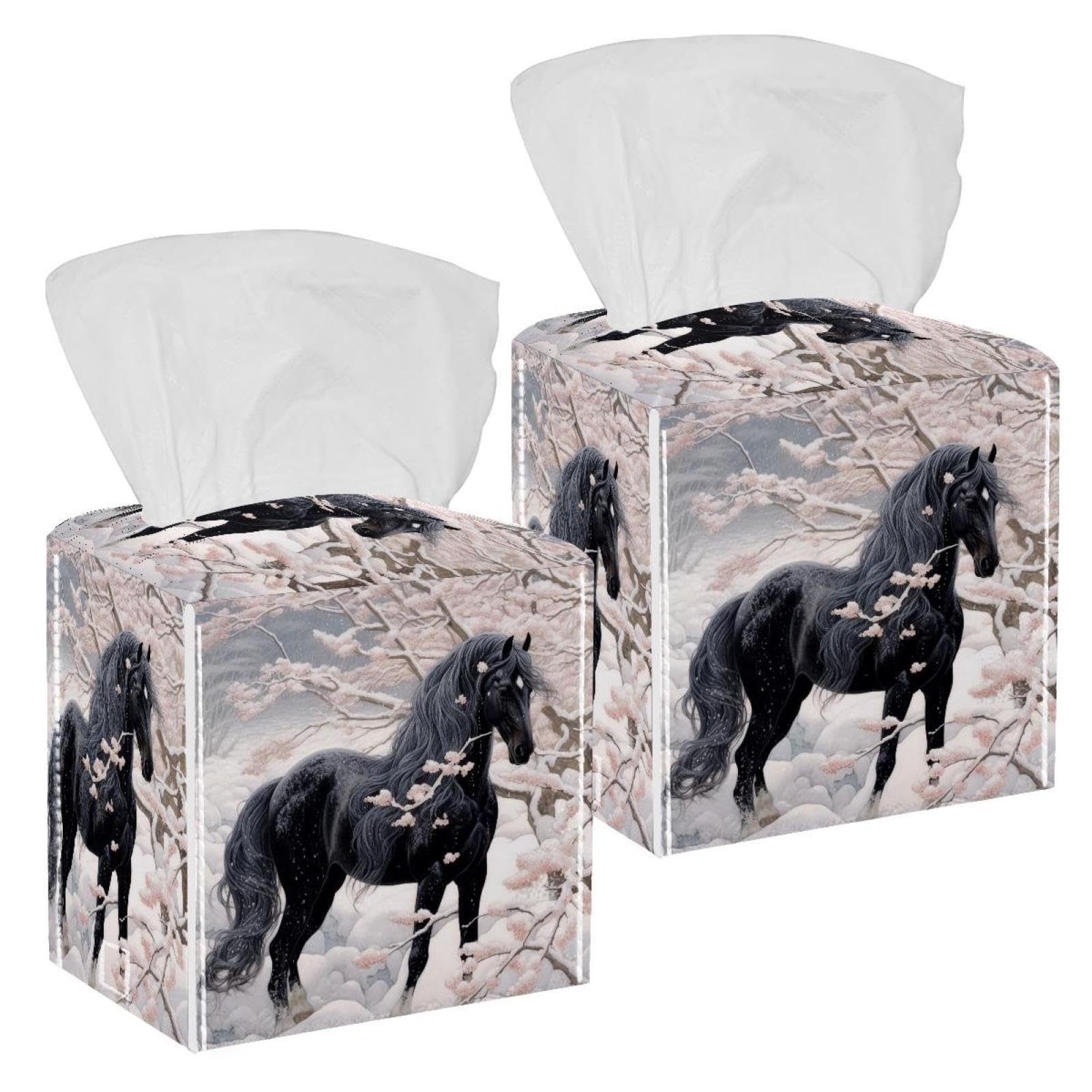 Black Horse in Snow Tissue Box Cover, 2 Pack PU Leather Square Facial Tissue Dispenser Box holder for Home Office Car