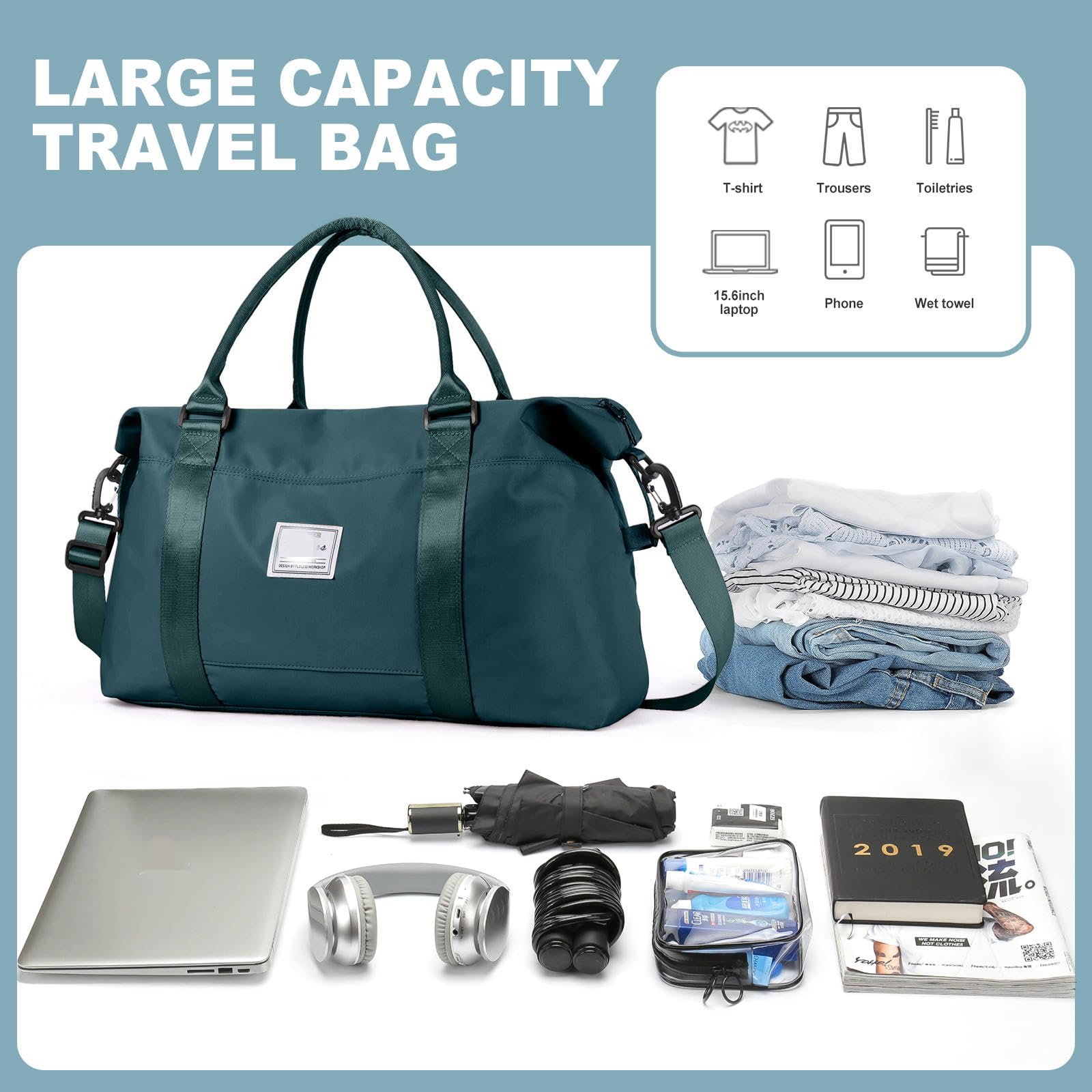 NOGRAX Schulrucksack Reise Duffel Bag Für Frauen Sport Tote Gym Bag Schulter Weekender Overnight Bag Mit Trolley Sleeve Für Flugzeuge Carry On Bag-Grün