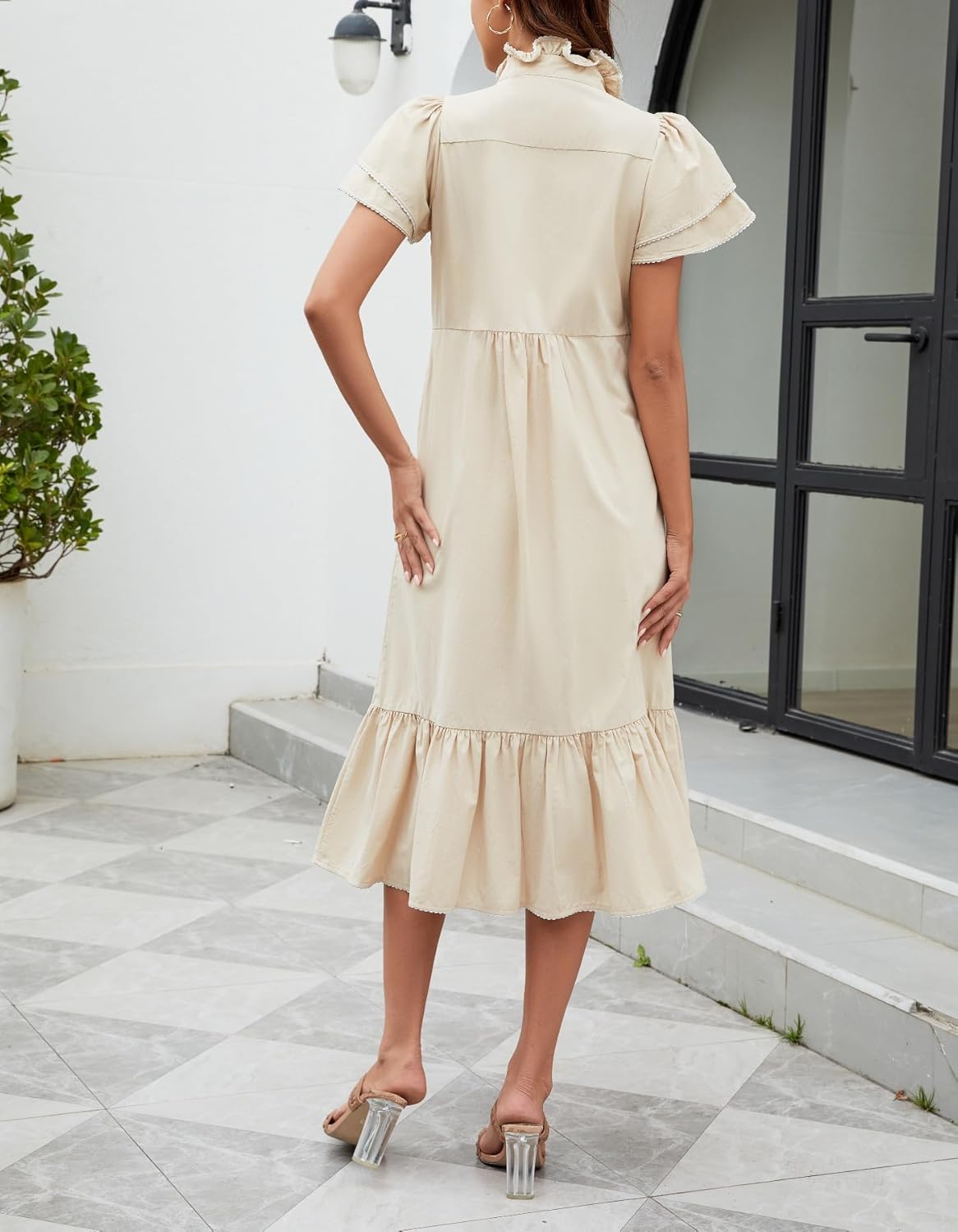 Kedera Womens Casual Maxi Dress Petal Sleeve Button Down Dress Cover Ups Beach Dresses V Neck Ruffle Dresses - Image 6