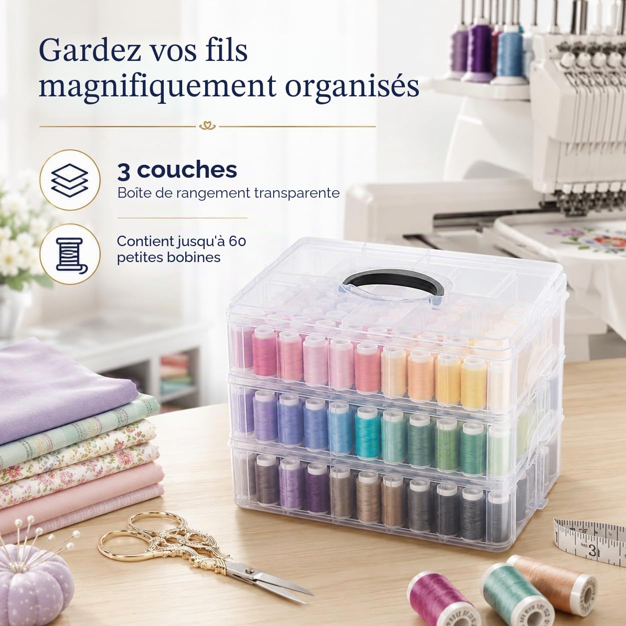 Simthread Kit de Fils à Broder – 63 Couleurs x 550 Yards, Fil Polyester Anti-Enchevêtrement avec Boîte de Rangement Empilable, Canettes, Outils – Compatible avec Brother, Janome, Babylock et Plus