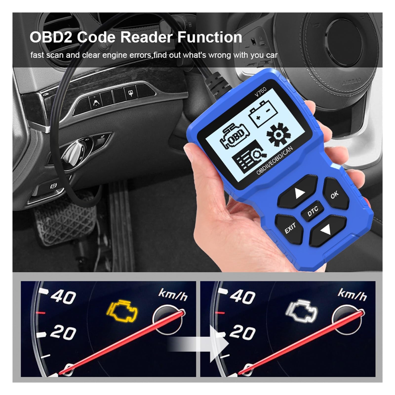 Tester batteria OBD2 Scanner Controllo motore Lettore codice V750 Strumento diagnostico auto multilingue Leggi informazioni veicolo