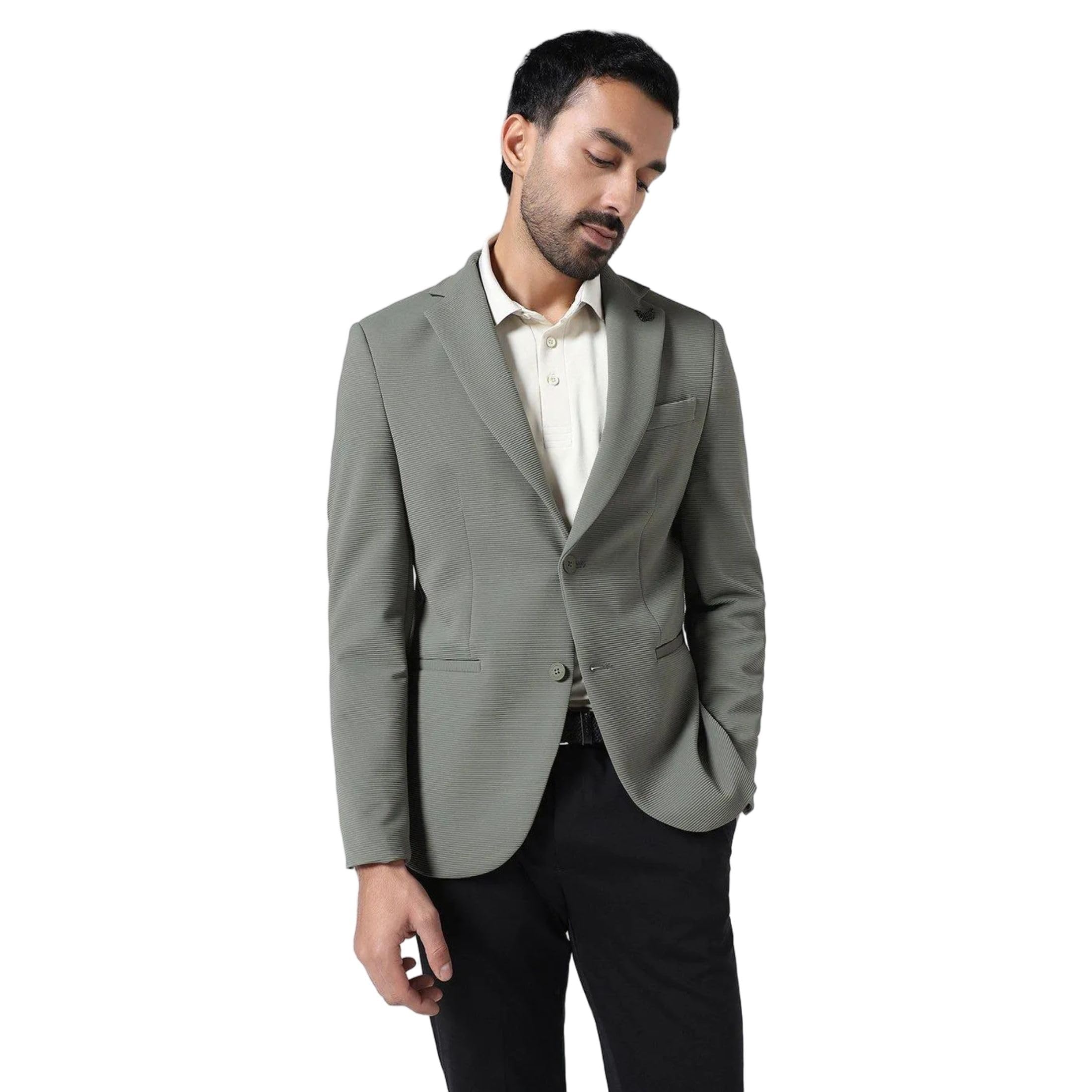 Men Nylon-Blend Textured Slim Fit Blazer-image-6