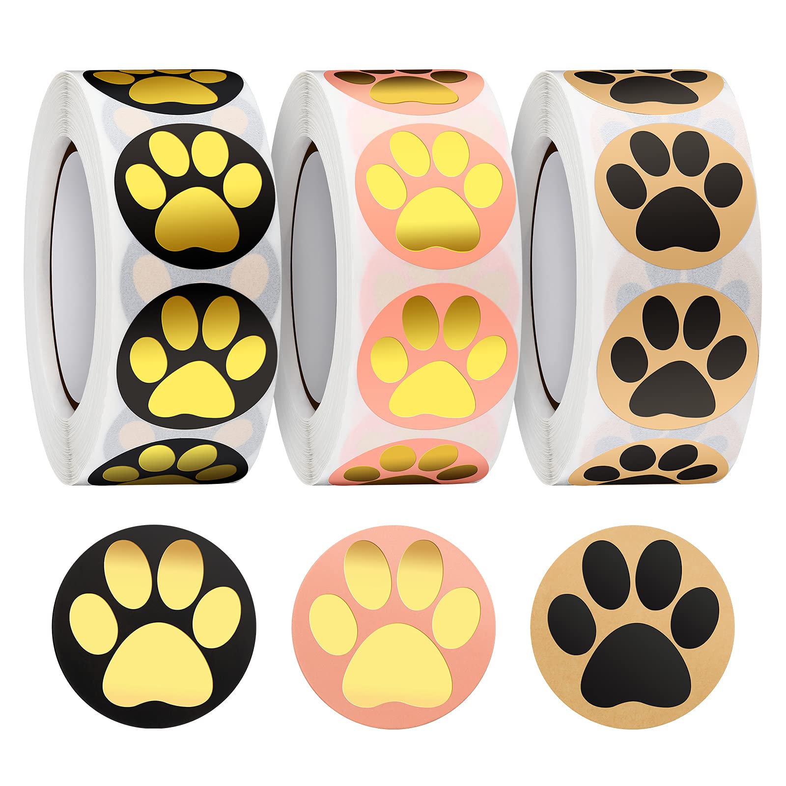 Gersoniel 1500 Pcs Dog Paw Prints Stickers,1 Inch Round Gold Foil Roll Self-Adhesive Labels Wall Decal Puppy Pet Animal Paw Shape Stickers Roll for Parties Vets Kennels Mailing