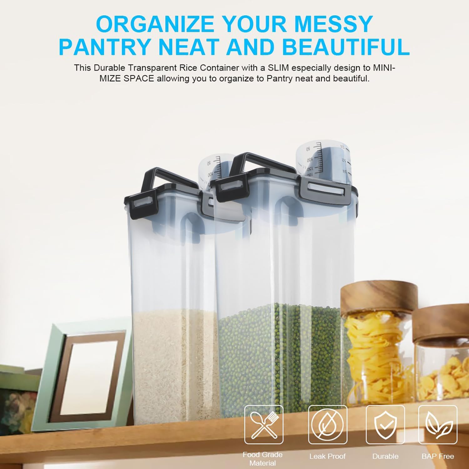 Rice Airtight Dry Food Storage Containers, BPA Free Plastic Storage Bin Dispenser with Pourable Spout, Measuring cup for Cereal, Flour and Baking Supplies, Include a Stainless Steel Whisk - Image 6