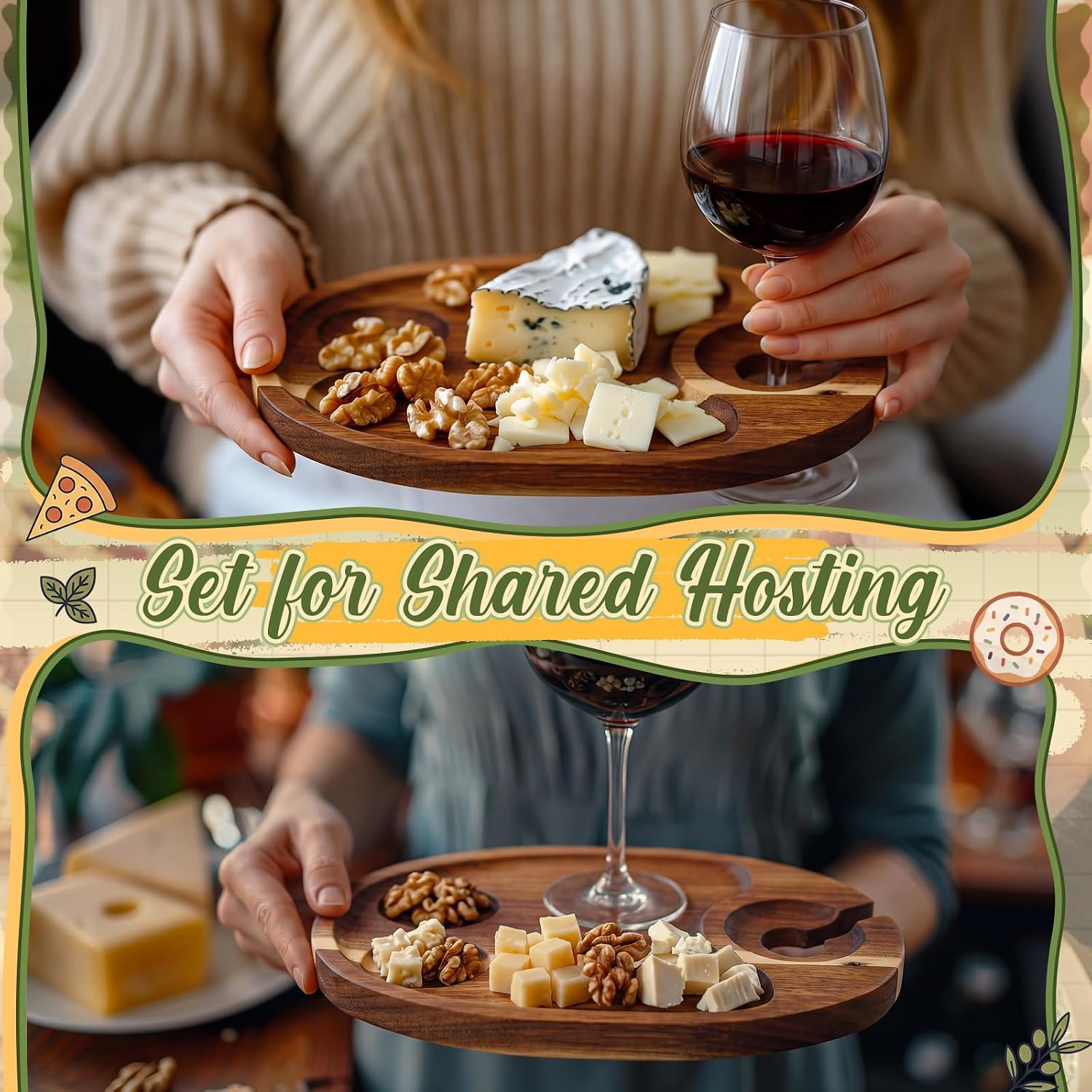 6 Set Wine Appetizer Plates with Glass Holder and Slot, Brown