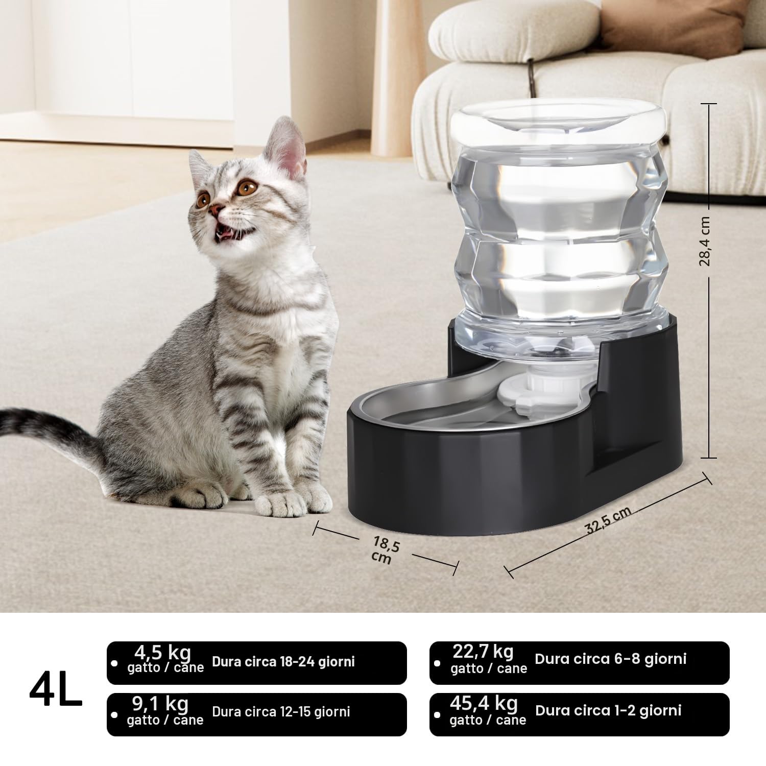Sfozstra Distributore automatico a gravità per gatti: ciotola per acqua in acciaio inox nero da 4 l, ideale per case familiari e attività all'aperto