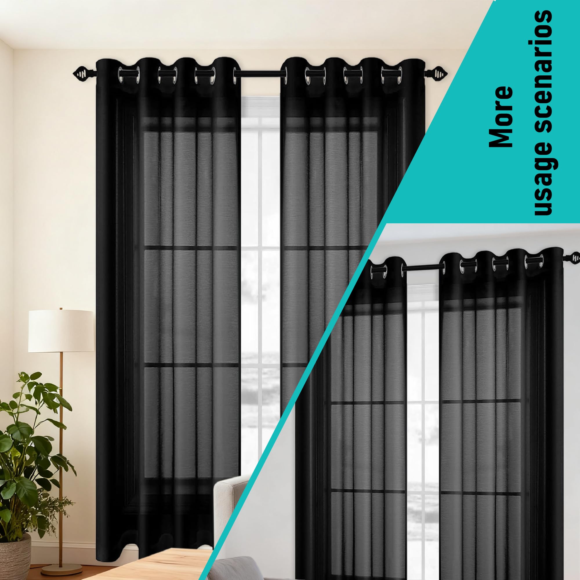 JIAFANG Cortina de Gasa 140 x 270 cm Transparente Ventana Visillos Translucidas Monocolo para Ventanas Cortinas Dormitorio, Negro