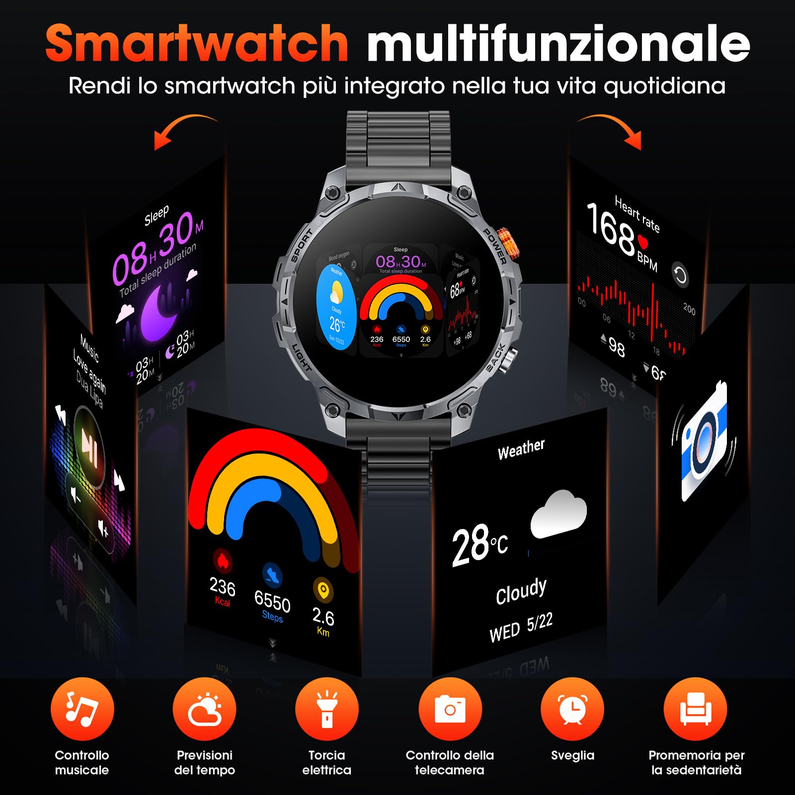 Smartwatch Uomo Militare, Batteria da 1000 mAh, Due Cinturini, Schermo HD da 1,75", Torcia LED, 100＋ Modalità Sportive, Monitoraggio della Salute, Chiamate Bluetooth per iOS Android (Nero)