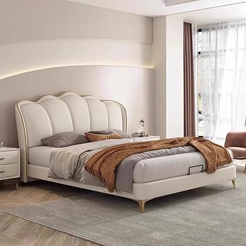 OUDINI Cream Style French Petal Bed Modern Simplicity and Luxury Bed Strong Wood Slats Support No Box Spring Needed