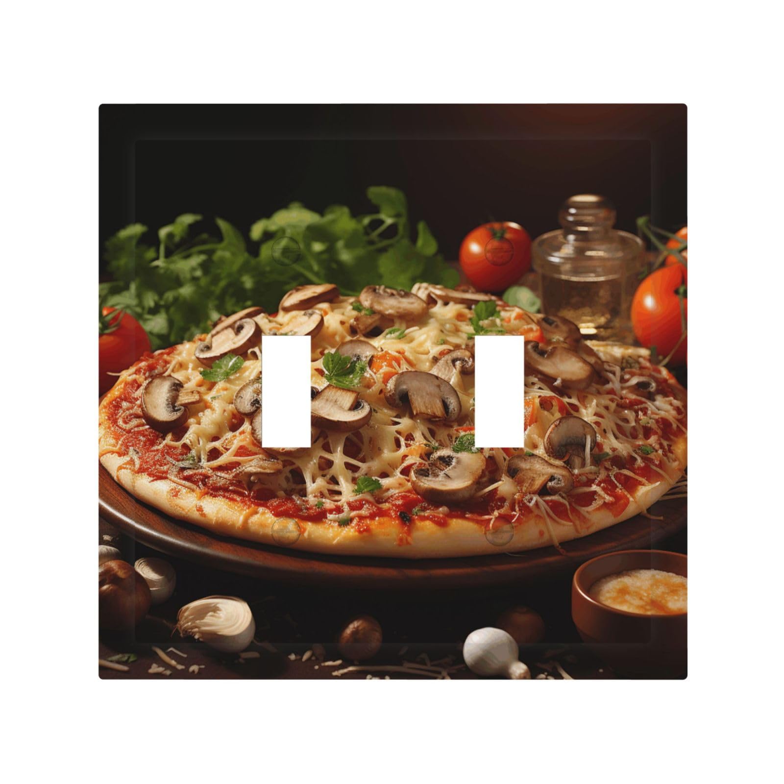 Kloph White Decorator Double Toggle Light Switch Covers Pizza With Mushrooms Tomatoes Wall Plate 2-Gang Mid Size 5" X 4.9" Double Toggle Switch Wallplate Decorative 2 Gang Wall Switch Plate Covers