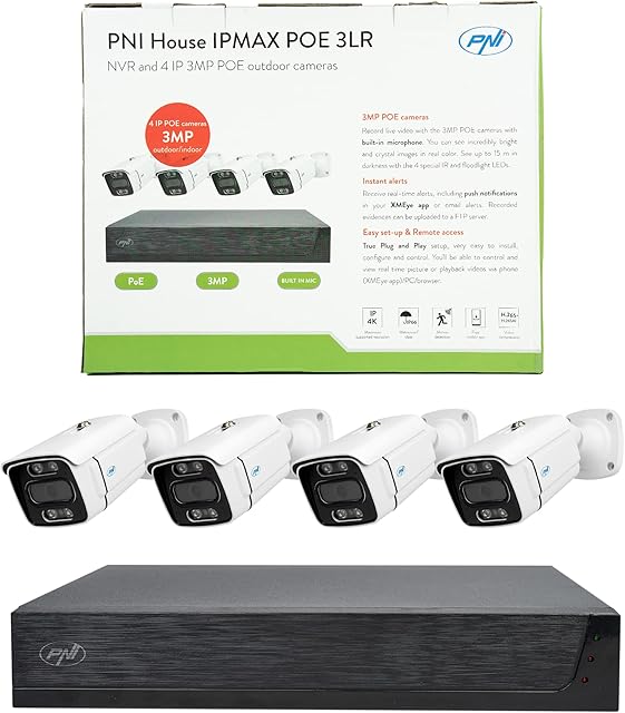 PNI House IPMAX POE 3LR video surveillance kit, NVR with 4 POE ports and 10 in network, and 4 cameras with IP 3MP, outdoor, Power over Ethernet
