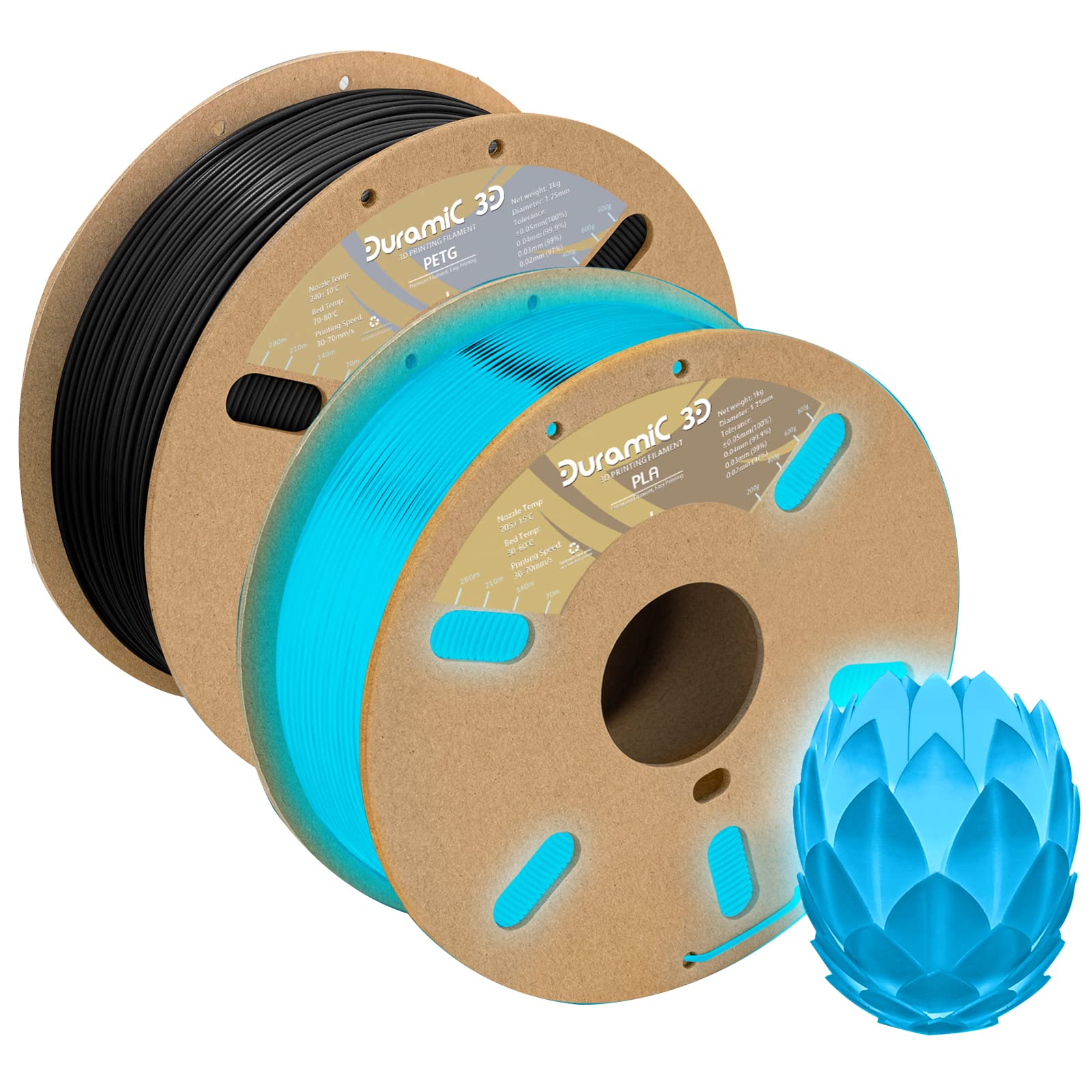 PETG Black and PLA Glow in The Dark Blue Bundle, Duramic 3D Printing Filament 1.75mm, Dimensional Accuracy +/- 0.05 mm