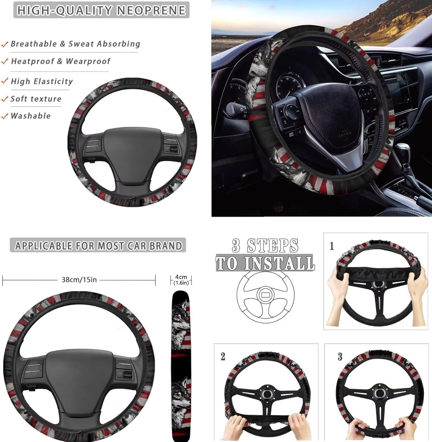 Wolf American Flag Printed 15 Pcs Car Seat Cover Full Set, Stretchy Auto Accessory Set Front Rear Seat Protector Steering Wheel Cover Seat Belt Pads Keychain