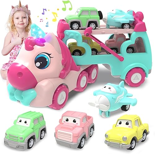 Miniatura 16 de Camión portador 9 en 1 de juguete - Coche de princesa rosa con luz y sonido - Juguetes para niños pequeños de 1 a 4 años