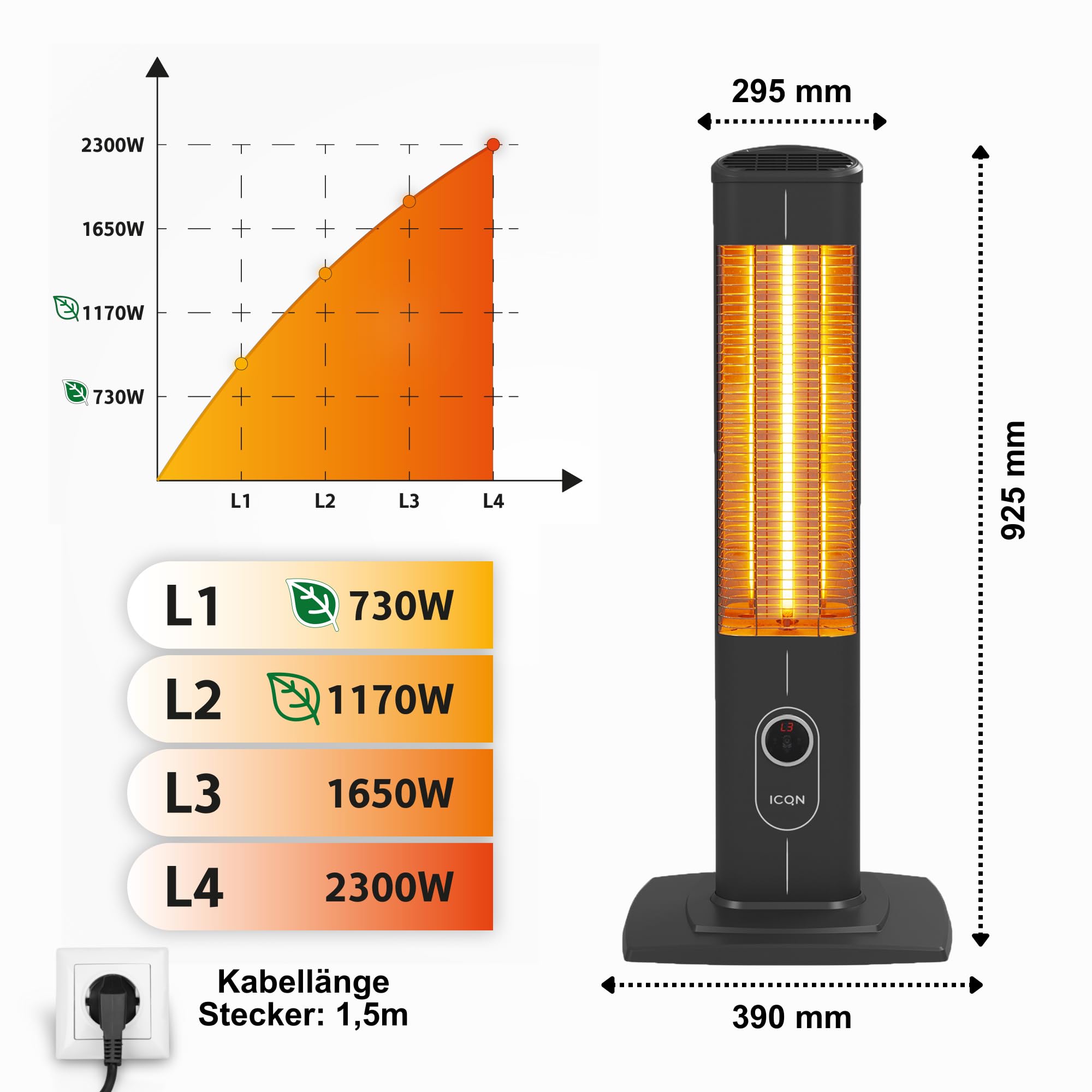 ICQN Stufa a infrarossi con telecomando, da 2500 watt, riscaldamento per interni ed esterni, stufa a terra con grado di protezione IP20 e display digitale (Standard 2300W)