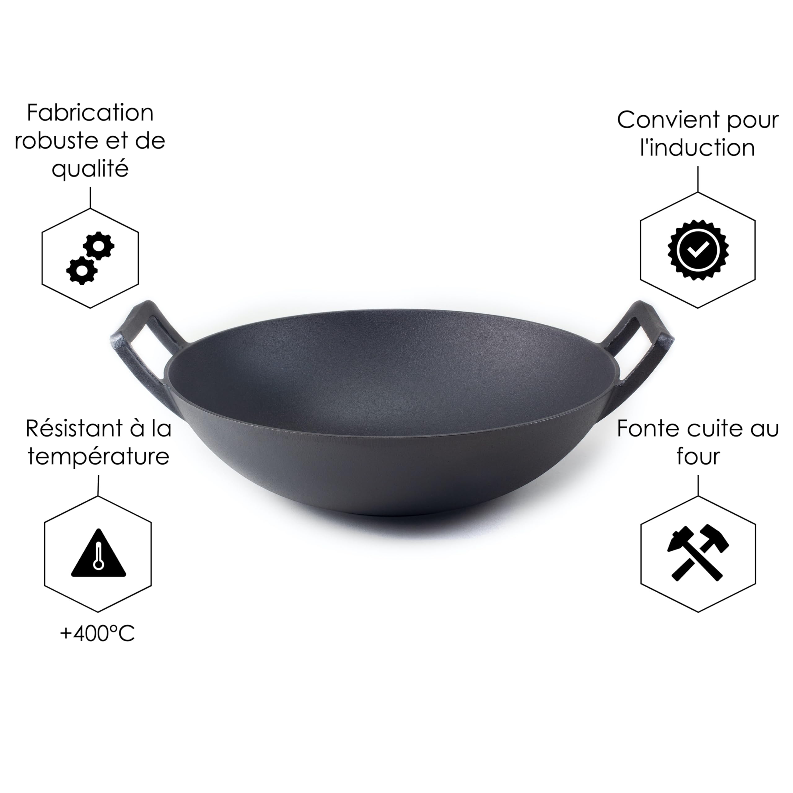 Hanseküche Wok en fonte - Poêle wok de qualité supérieure - Compatible induction - Poêle en fonte robuste et rustique (31 cm de diamètre avec poignée en bois
