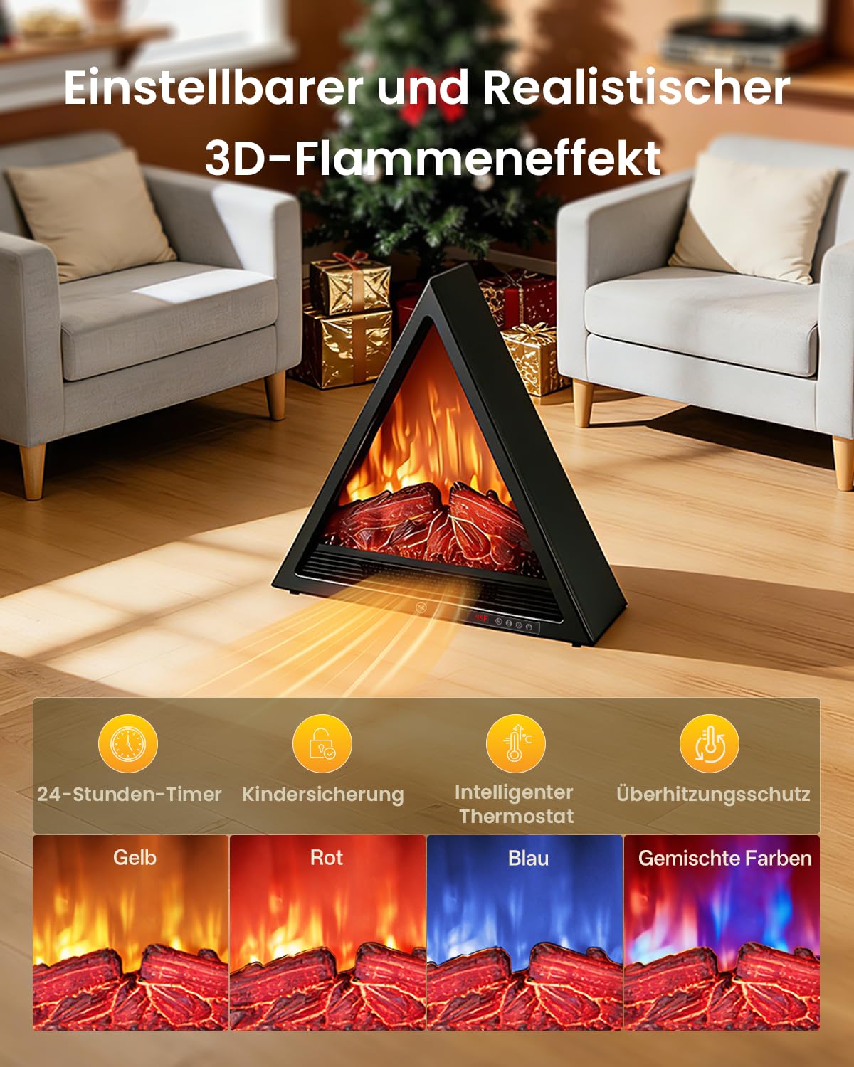 AIRMATE Camino Elettrico, 1800W Triangolare Caminetto Elettrico con Riscaldamento, Effetto Fiamma 3D, Camino Elettrico 4 colori di fiamma, Camino con telecomando, Stufa Elettrica 24H Timer
