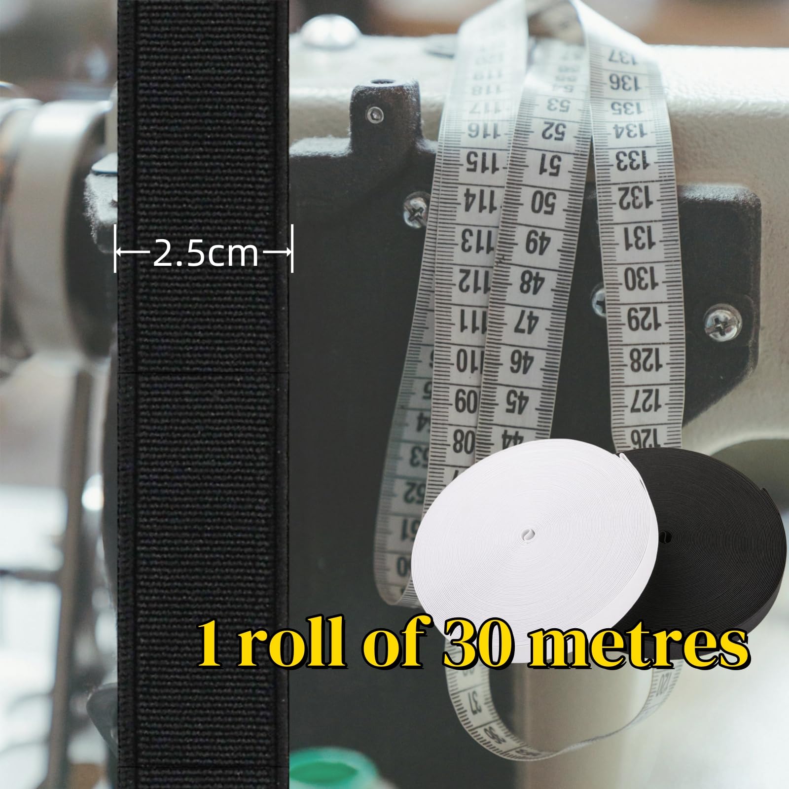 1 Stück 30M Langes 2.2-4.5cm Breites, Nähen Gummiband, Kleidungszubehör, Gummiband, Gürtelband,Flache Gummibänder, hochelastisches Seil, Ideal für DIY Nähen (Schwarz, 2.5cm)