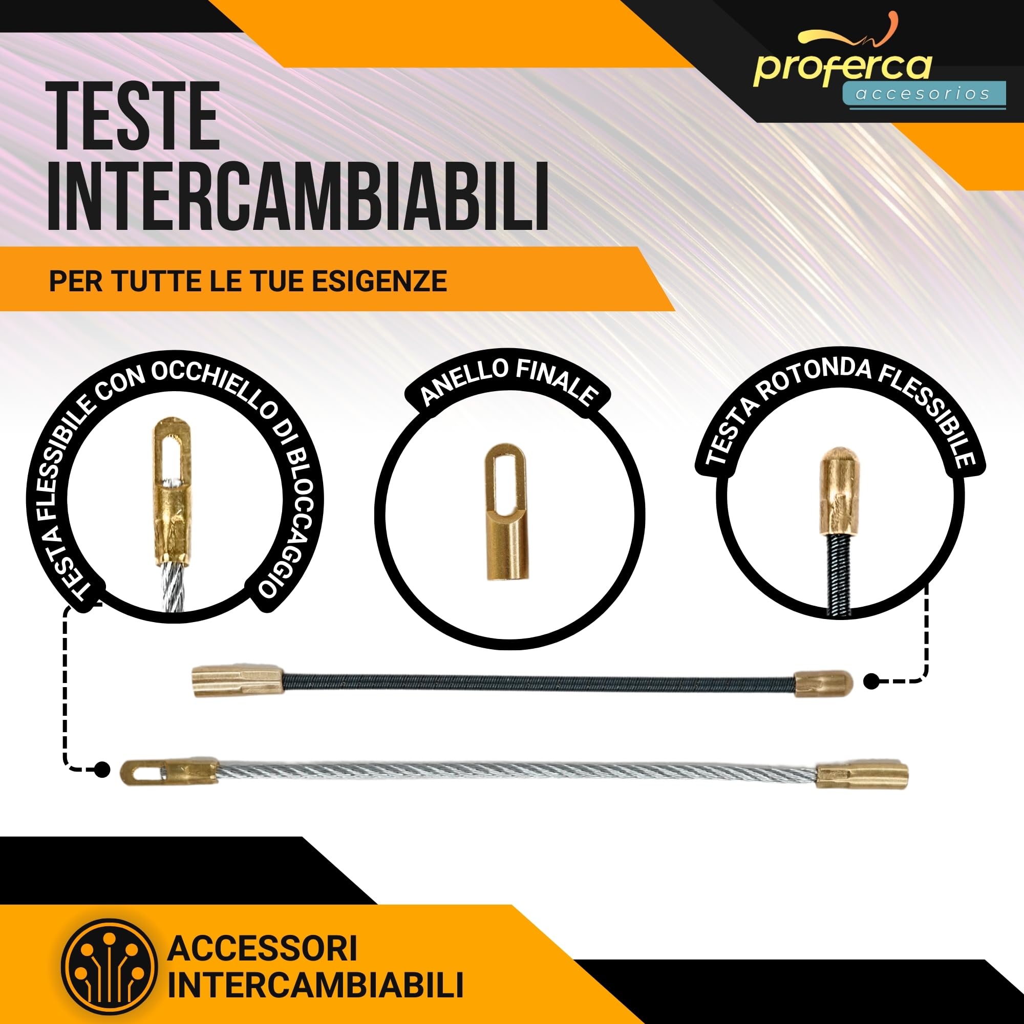 Kit di accessori di ricambio per sonda passacavi 3mm | 1 Occhiello tirante, 2 Testa flessibile | 3mm acciaio M4