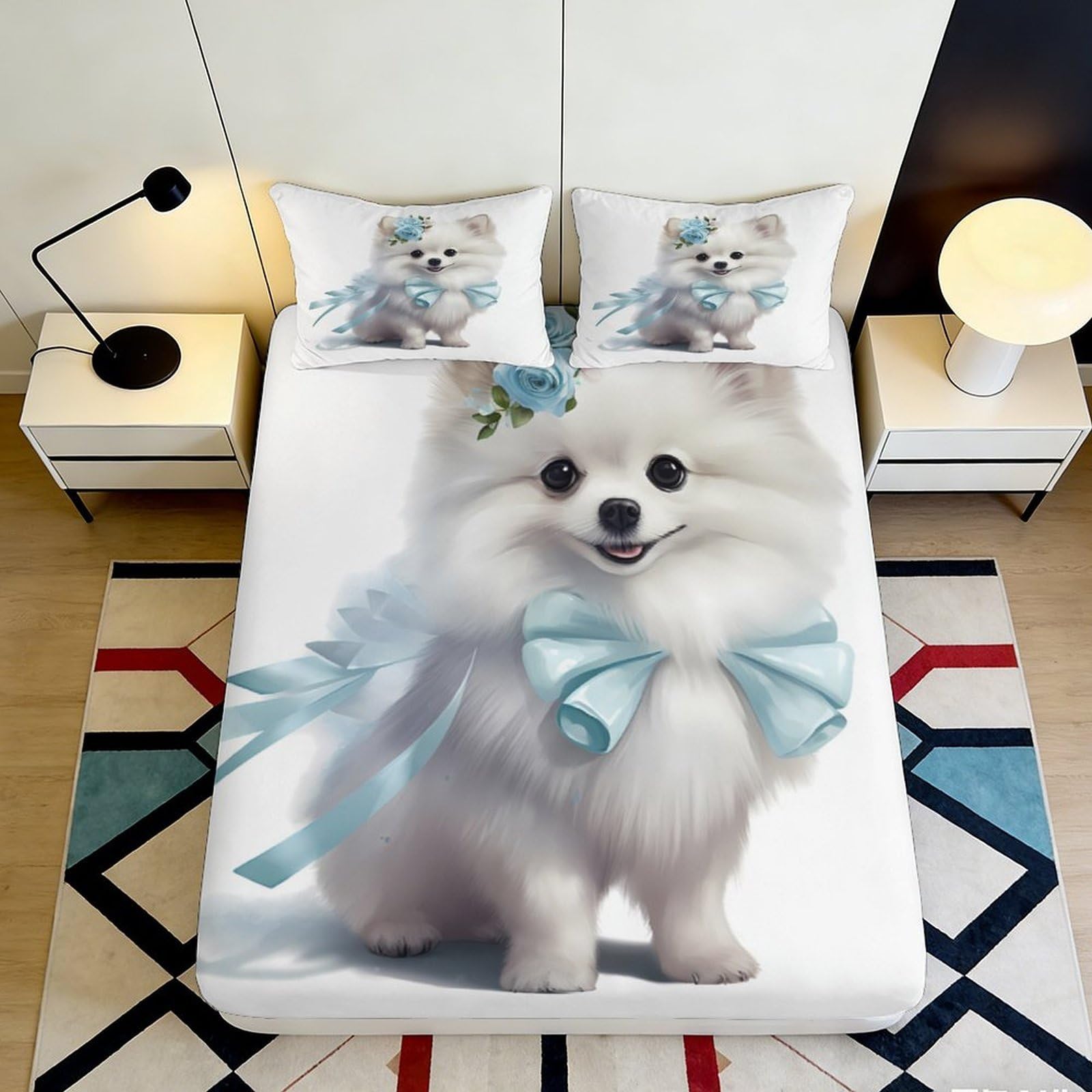 Pnayamiorkfel Style-3 3D Printed Cute Pomeranian Fitted Sheet Microfiber Soft Breathable Dog Bow Bed Cover For Bedroom Dorm Decoration Mattress Protection 90X200x25cm