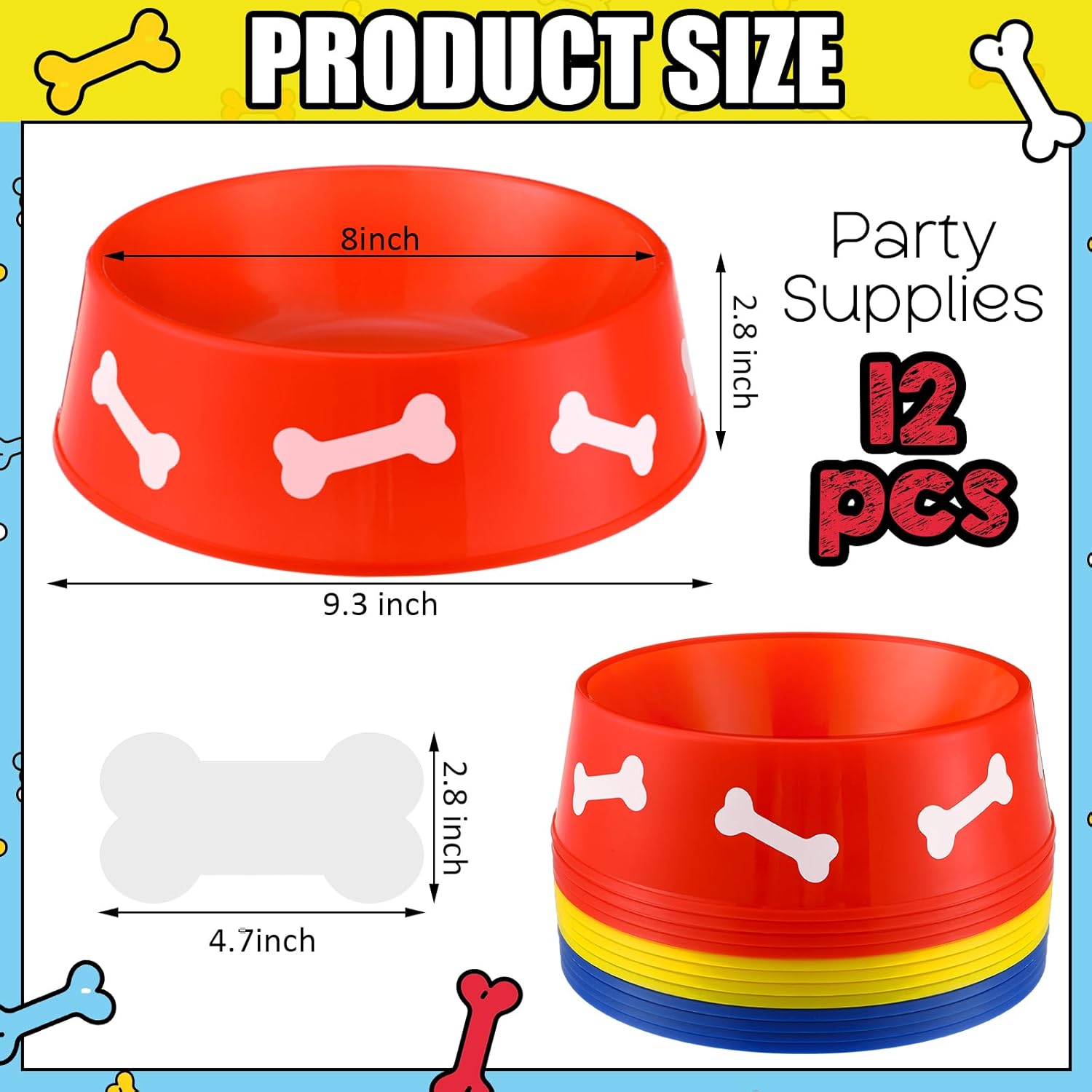12 Pack Dog Paw Plastic Bowls Dog Theme Birthday Decoration Party Supplies Blue Yellow Snack Bowls Plates Puppy Food Trays with Bone Cards for Party Favors Table Centerpieces(Red)