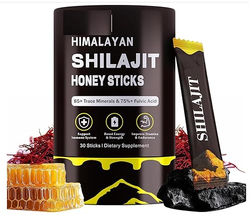 Palitos de miel Shilajit pura del Himalaya de 500 mg con azafrán, palitos de miel Shilajit para mujeres con más de 75% de ácido fúlvico, más de 85
